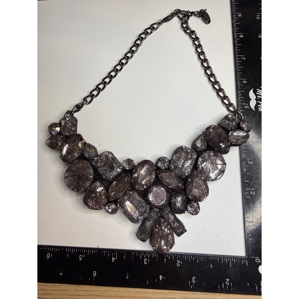 Cara New York Gunmetal Metallic Mesh Resin Stone Statement Bib Necklace